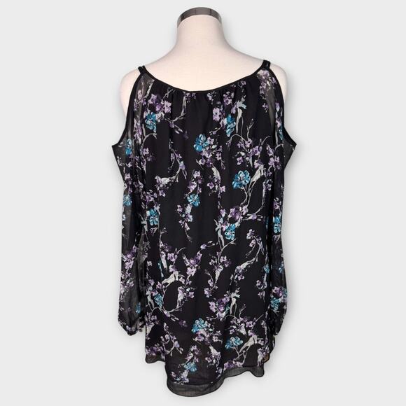 WHBM White House Black Market Large Black Floral Cold Shoulder Blouse - Picture 4 of 8